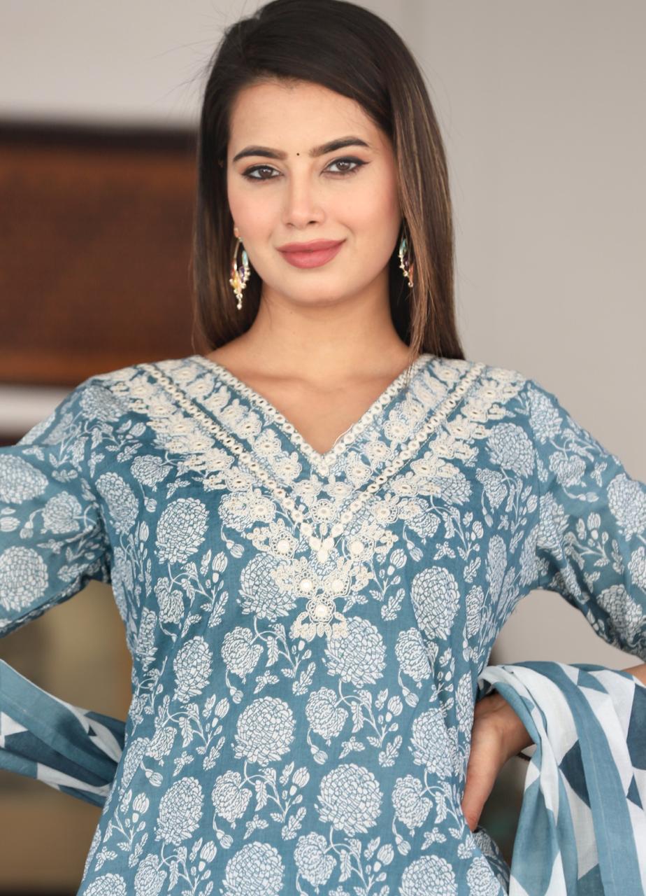 Printed Cotton Embroidered Suit